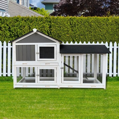 2-Story Rabbit Hutch Wooden Hutch Cage Small Animal House With Ramp No Leak Tray Weatherproof Roof For Outdoor & Indoo