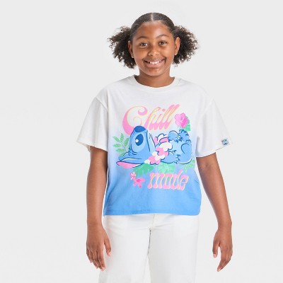 Girls' Disney Stitch "Chill Mode" Boxy Short Sleeve Graphic T-Shirt - White