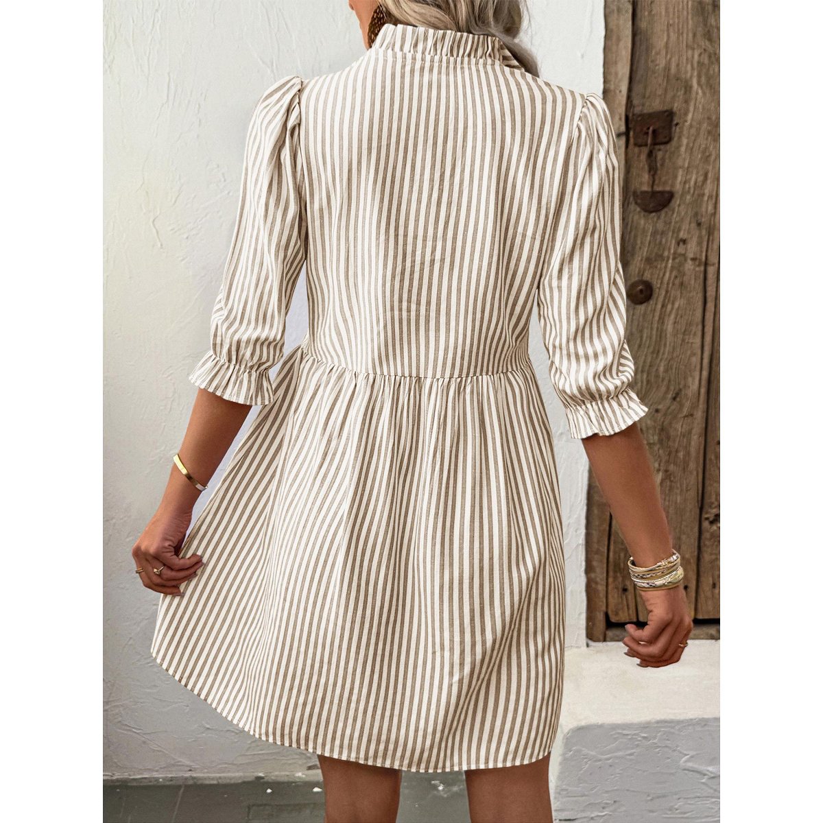 Женские платья Garvee Womens Fall Dress Stripe Ruffle A Line Elbow Sleeve Shirtdress Ruffle Placket Mock Neck Mini Dress Lantern Sleeve Casual Highwaist Dress, Khaki - M — фото 2