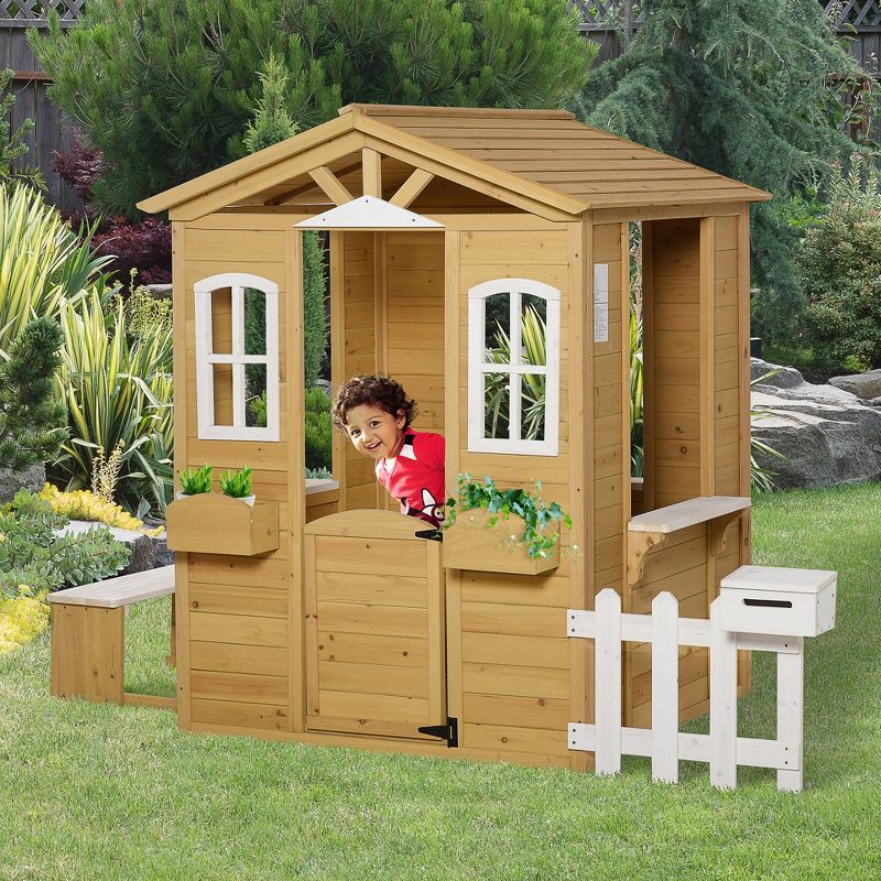 Outsunny Outdoor Playhouse for kids Wooden Cottage with Working Doors Windows & Mailbox, Pretend Play House for Age 3-6 Years, 3 of 10