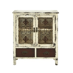 Powell 30" Garrick Industrial Mixed Media Storage Console 2 Metalwork Doors Distressed Off White: Rustic Entryway Table with Scrollwork - 1 of 4