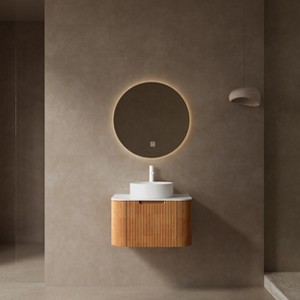 Dolonm Wall-Mounted Floating Curved Edge Vanity with Ceramic Sink, Natural Woodgrain Storage Cabinet with Soft-Close Drawer - 1 of 4