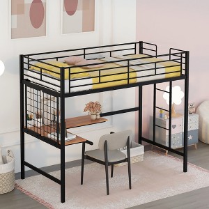 Twin/Full Size Metal Loft Bed with Desk and Metal Grid, Space-Saving Study Bed Frame, White/Black - HABITRIO - 1 of 4