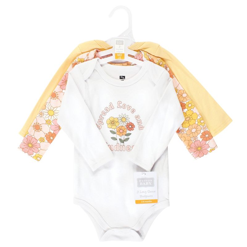 Hudson Baby Infant Girl Cotton Long-Sleeve Bodysuits, Peace Love Flowers, 2 of 6