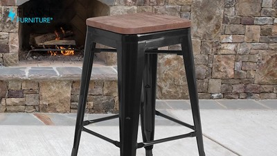 24" White Metal and Brown Wood Backless Counter Stool