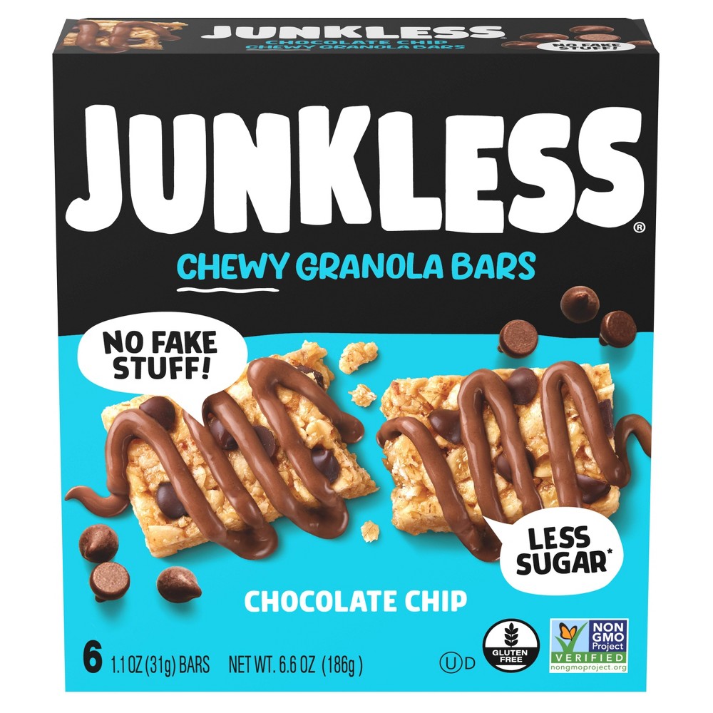 JUNKLESS Chocolate Chip Chewy Granola Bars - 6.6oz/6ct: 2g Protein Per Serving
