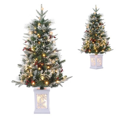 3ft Snow Flocked Christmas Tree, Small Artificial Christmas Tree with Base & 78 Lights, 8 Lighting Modes Hinged Xmas Tree, Christmas Decor