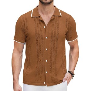 COOFANDY Men's Knit Button Down Shirt Vintage Short Sleeve Polo Shirts Casual Beach Tops - 1 of 4