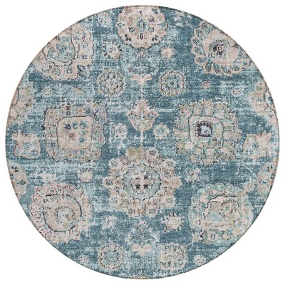 Teal Blue And Sky Blue Floral Washable Indoor Outdoor Area Rug