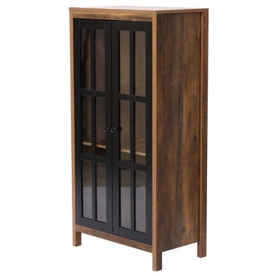 Natural Wood and Black Glass Door Curio Cabinet