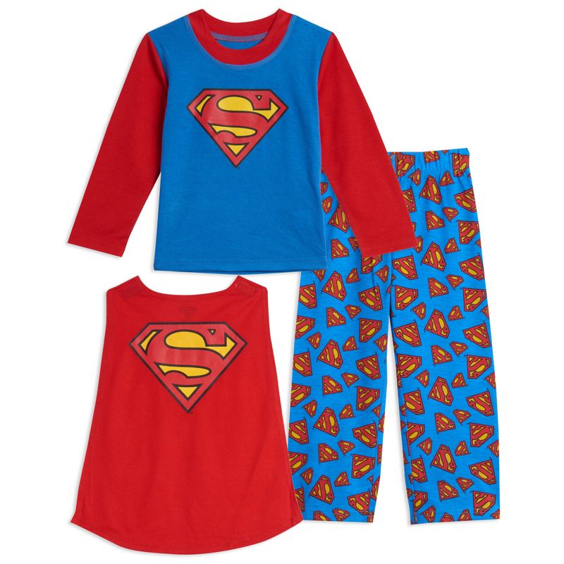 DC Comics Justice League Superman Batman Pajama Shirt and Pants Detachable Cape Sleep Set Little Kid to Big Kid, 1 of 8