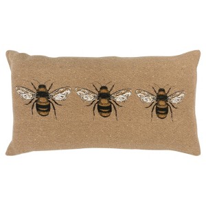 14"x26" Oversized Bees Poly Filled Lumbar Throw Pillow Brown - Rizzy Home: Cotton Canvas, Indoor Use, Zipper Closure - 1 of 4