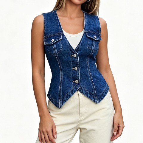 Женские жилеты YesFashion Women Sleeveless V Neck Denim Vest, Button Front Fitted Waistcoat with Flap Chest Pockets Casual Layering Jean Tank Outerwear Deep blue L