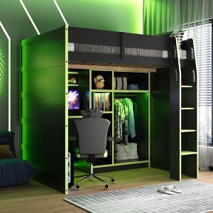YOOCOZZ Full Size Wood Loft Bed with Desk, Open Wardrobe, Storage Compartments and RGB Lights - 1 of 4