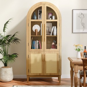 MAYEERTY 71" Tall Arched Storage Cabinets Modern Kitchen Cabinet with Glass Door Solid Wood Legs Shelves for Living Room Natural - 1 of 4