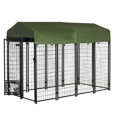 Outdoor Dark Green Steel Dog Kennel with Canopy