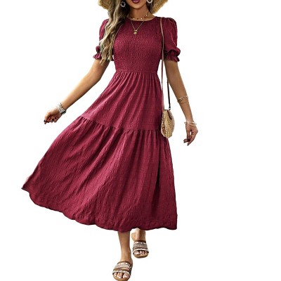Women's Summer Crew Neck Short Sleeve Smocked Midi Dress Casual Elastic Waist Tiered A Line Maxi Dress
