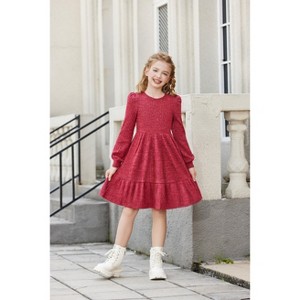 Arshiner Girls Pocket Dress Lantern Sleeve Knee Length Knit Cute White Fall Wedding Guest Dresses Purple Red 11-12 Years