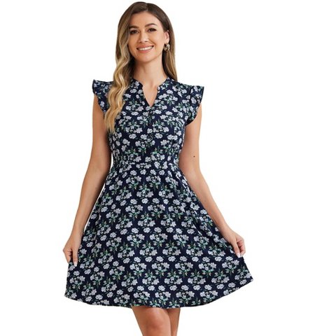 Женские платья INSPIRE CHIC Women's V-Neck Ruffle Cap Sleeve A-Line Floral Chiffon Dress Medium Navy Blue