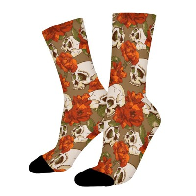 Skull And Flowers Women Printed Crew Socks Funny Funky Socks Soft Polyester Novelty Gifts for Artists Men