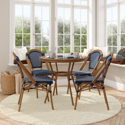 Navy and White Glass Top Bistro Set with Natural Aluminum Frame