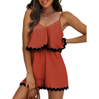EXLURA Women's Summer Romper 2025 Spaghetti Strappy Ruffle Jumpsuit Halter Neck Pleated Outfits with Pockets