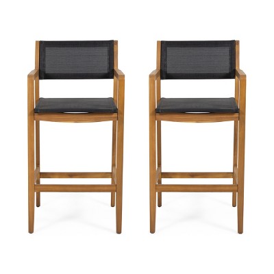 GDFStudio Daiquan Outdoor Mesh and Acacia Wood 30 Inch Barstools (Set of 2), Teak/Black