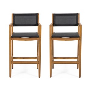 GDFStudio Daiquan Outdoor Mesh and Acacia Wood 30 Inch Barstools (Set of 2), Teak/Black - 1 of 4