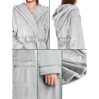 Light Gray Hooded Fleece Bathrobe with Satin Trim, S/M