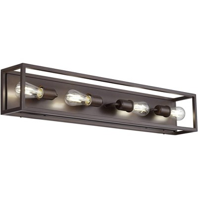 Possini Euro Design Industrial Wall Light Oiled Bronze Hardwired 34" Wide 4-Light Fixture Open Cage Frame Bathroom Vanity Mirror