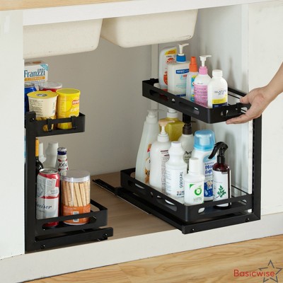 Basicwise Adjustable Height Under Sink Pull-Out Organizer 2-Tier Sliding Shelf Rack Heavy-Duty Mesh Baskets for Kitchen — фото 2