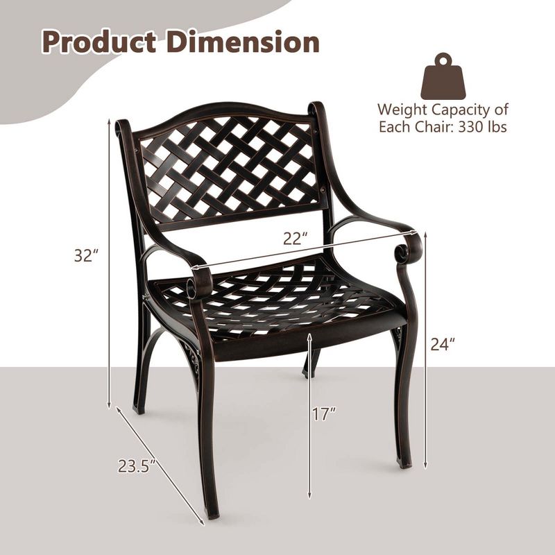 Costway 2/4 PCS Cast Aluminum Patio Chairs Set of 2 All Weather Outdoor Dining Chairs with Armrests Bronze, 3 of 10