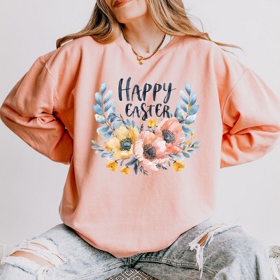 Simply Sage Market Women's Lightweight Garment Dyed Graphic Sweatshirt Happy Easter Floral