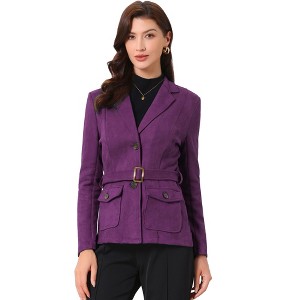INSPIRE CHIC Women's Faux Suede Belted Lapel Single Breasted Work Outwear Blazer - 1 of 4