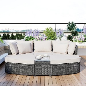SKRAN 6-Piece Patio Outdoor Conversation Round Sofa Set, PE Wicker Rattan Separate Seating Group with Coffee Table, Beige - 1 of 4