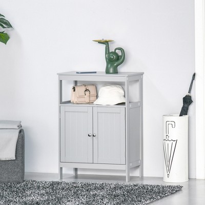 Gray Freestanding Storage Cabinet with Doors and Open Shelf