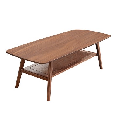 Yukimo 17.32"H Walnut Coffee Table, Solid Oak Wood Center Table with Storage Shelf, Two-Tier Low Table for Living Room
