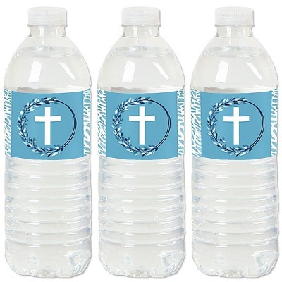 Big Dot of Happiness Blue Elegant Cross - Boy Religious Party Water Bottle Sticker Labels - Set of 20