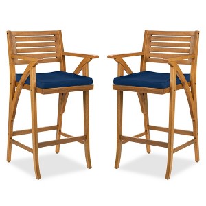 Best Choice Products Set of 2 Outdoor Acacia Wood Bar Stools Bar Chairs w/ Weather-Resistant Cushions - Teak Finish - 1 of 4