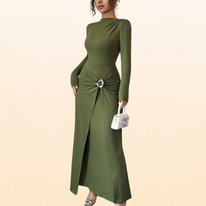 long bodycon ruched dress EadianDree Womens Sleeve High Neck Maxi Ring Front High Split Formal Evening Party Long Dresses,Green Polyester.