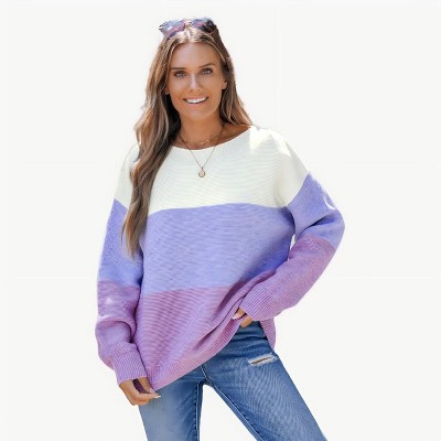 Women's Purple Cozy Colorblock Knit Sweater Lavender Ombre Pullover - Cupshe