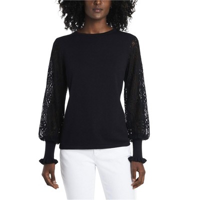 Vince Camuto Womens Paisley Lace Sleeve Pullover Sweater