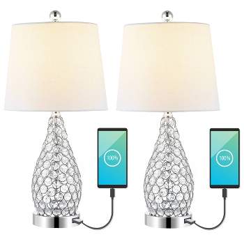 (Set of 2) 22.25" Lily Midcentury Modern Iron LED Table Lamp with USB Charging Port Clear (Includes LED Light Bulb) - JONATHAN Y