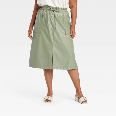 Women s Faux Leather Midi A line Skirt Ava Viv Sage Green 3x Target