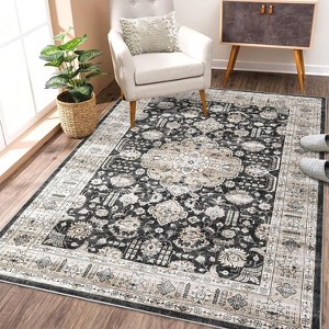 Washable Boho Area Rug, Non-Slip Low Pile Vintage Carpet, Soft Accent Floor Cover for Living Room or Bedroom - 1 of 4