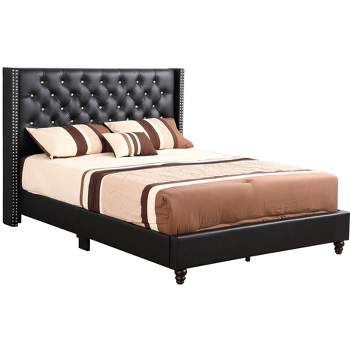 Passion Furniture Julie Black Tufted Low Profile King Panel Bed with Faux Leather Cover