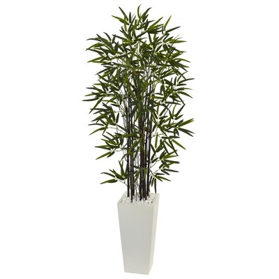 Nearly Natural 5.5’ Black Bamboo Artificial Tree in White Tower Planter