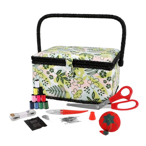 Small Sewing Basket with Supplies, Sewing Kit Storage Box for  Girls/Kids/Beginners (White, Sewing Accessories Pattern)