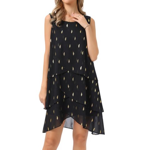 Женские платья INSPIRE CHIC Women's Chiffon Sleeveless Crewneck Metallic Foil Print Tiered Layered Flowy Dress Medium Black