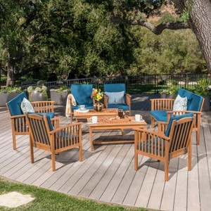 Christopher Knight Home Navan Outdoor Acacia Wood 8 Seater Chat Set with Water-Resistant Cushion - 1 of 4